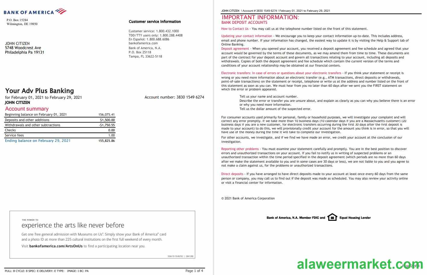 USA Bank of America bank statement template in Excel and PDF format (4 pages), version 3
